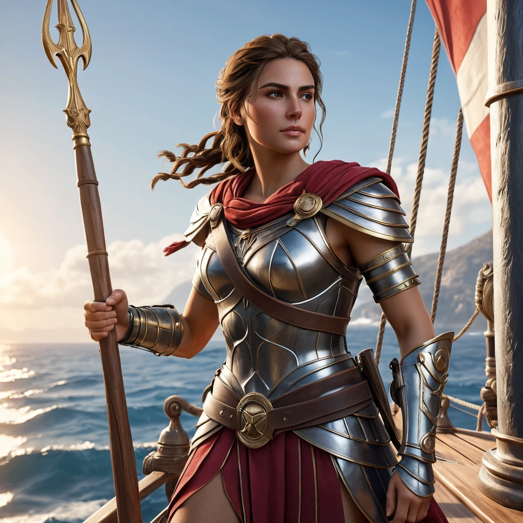 Kassandra from Assassin's Creed Odyssey, standing on the deck of a Greek warship, with the sea waves crashing around her, her armor gleaming under the sun, and her spear ready for the next adventure.