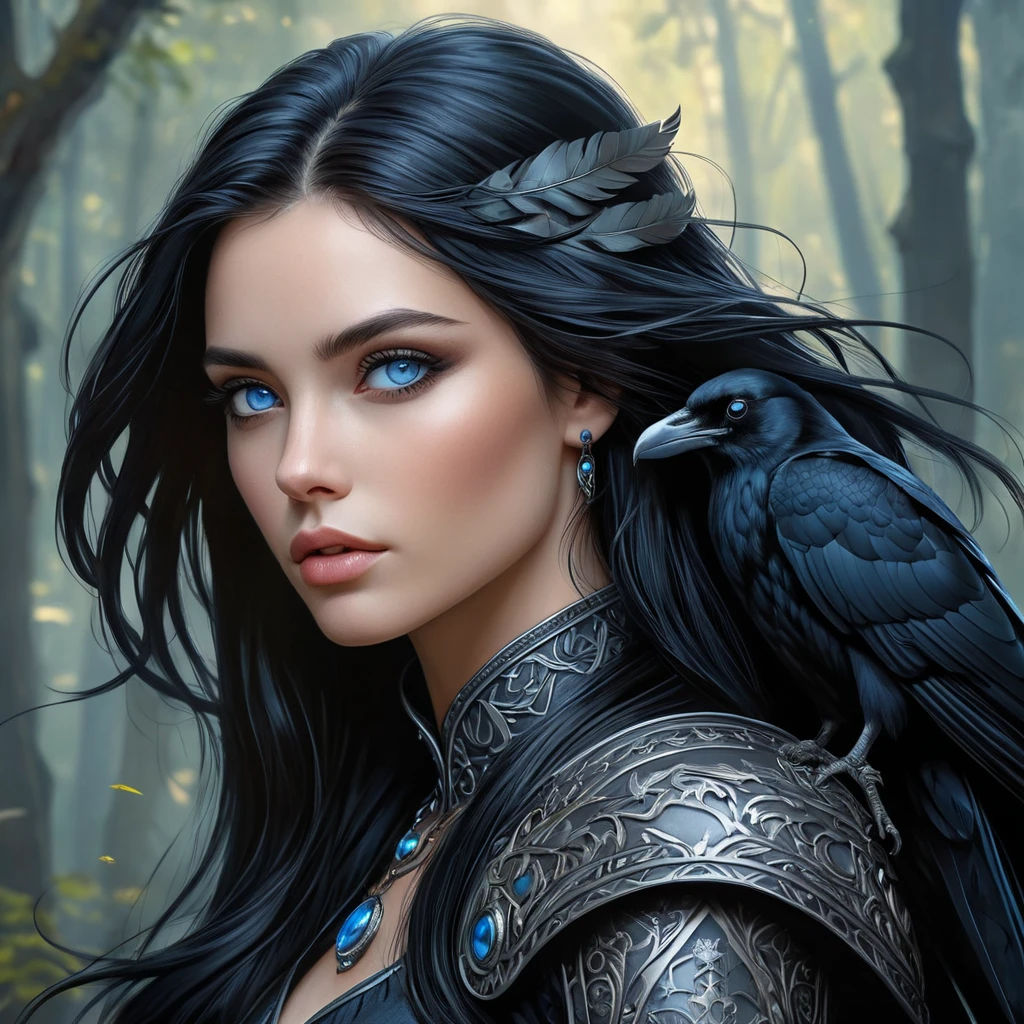 A beautiful, mysterious woman with long, raven-black hair and piercing blue eyes, inspired by the Wild Hunt