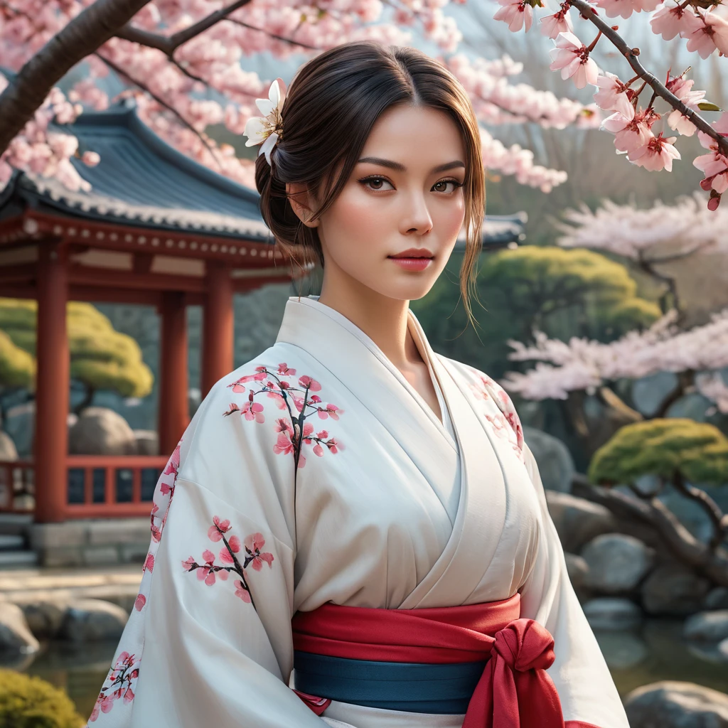 A gorgeous Assassin's Creed woman in a serene Japanese garden, dressed in a traditional kimono with subtle assassin tools hidden within, the scene bathed in the soft light of a cherry blossom festival.