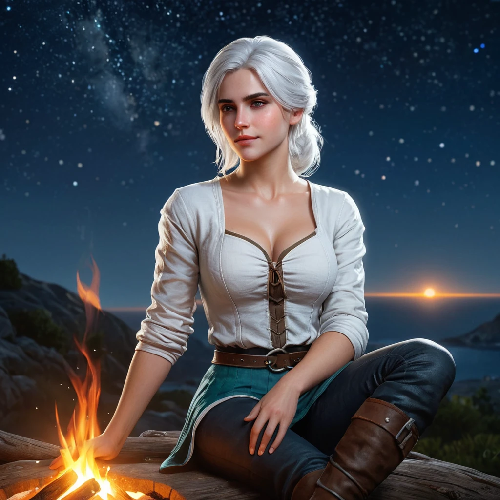 Ciri from The Witcher 3 in a tranquil moment, sitting by a campfire, her white hair softly illuminated by the flames, with a serene, starry night sky above her.