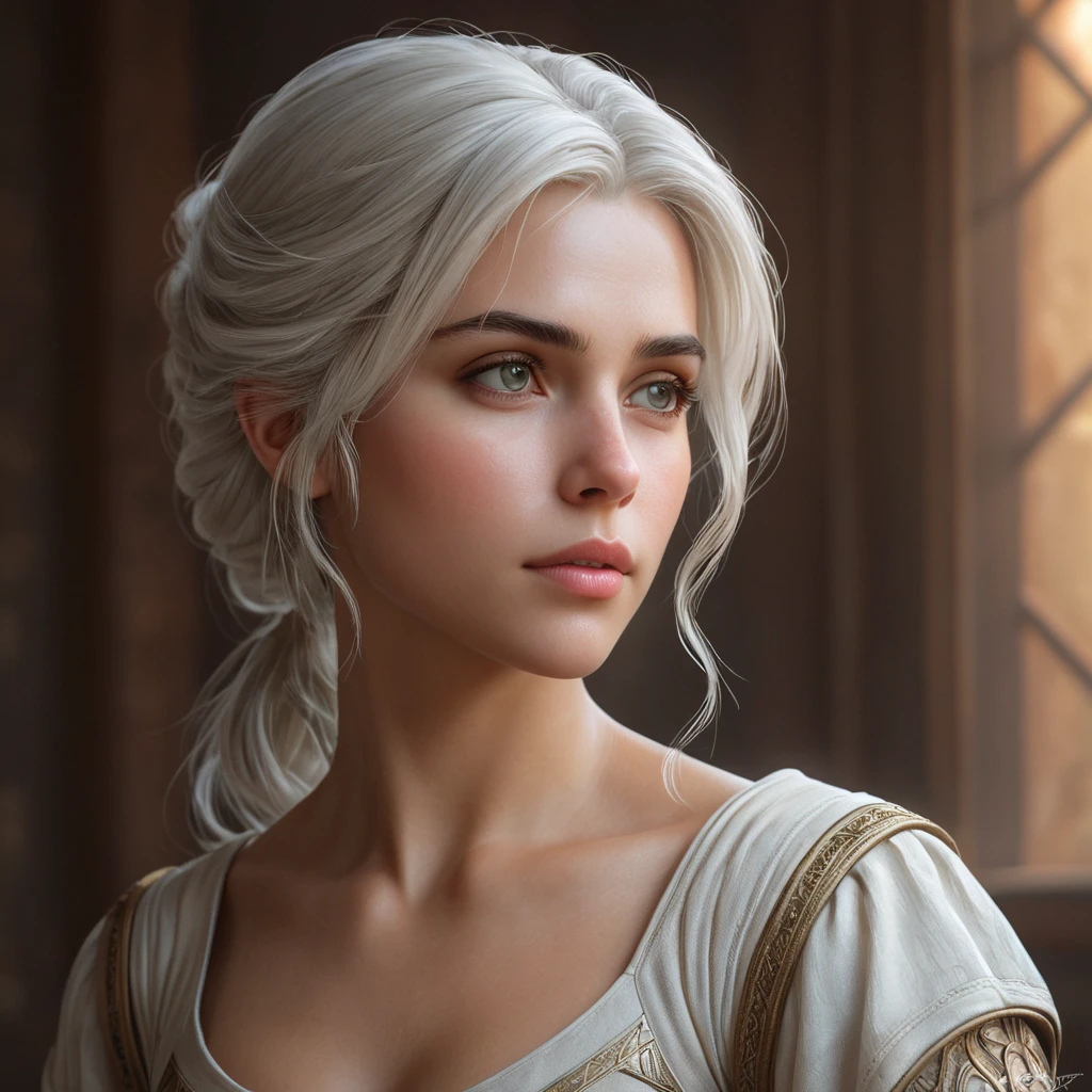 Ciri, the ashen-haired princess of Cintra, in a serene moment of contemplation. Soft, atmospheric lighting and a dreamlike quality.