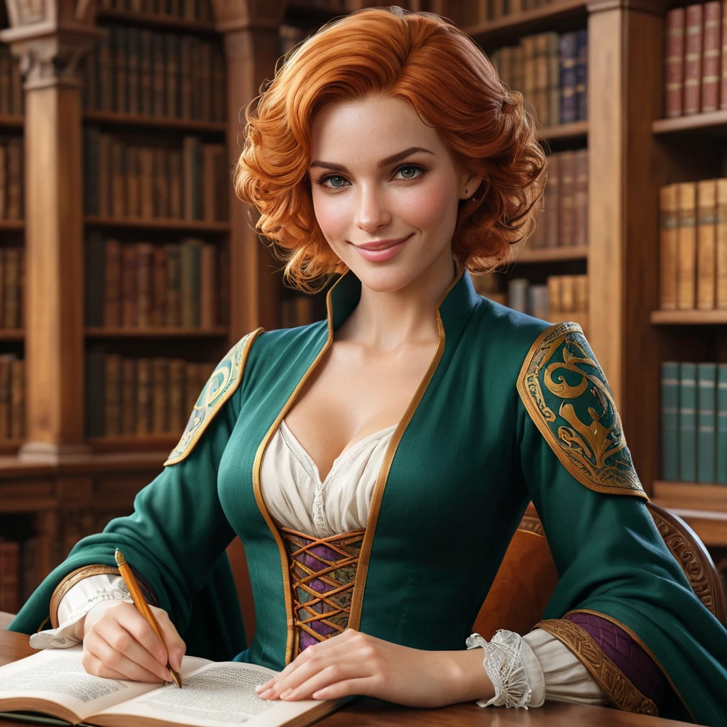 Triss Merigold, the elegant and wise sorceress, with short, curly blonde hair and a warm smile, sitting in a cozy library