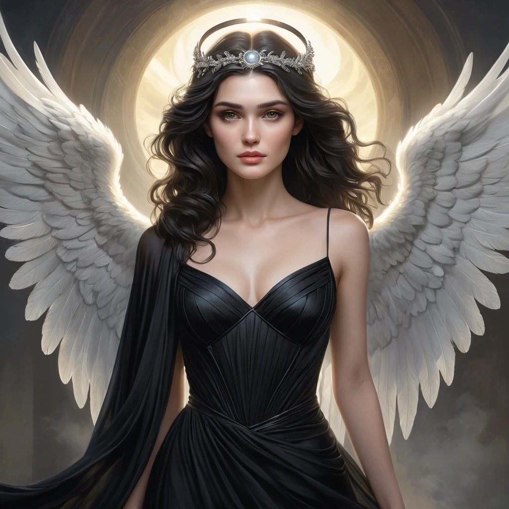 A romantic and dreamy portrait of Morgana, the Fallen Angel, with a flowing black dress and a halo of light