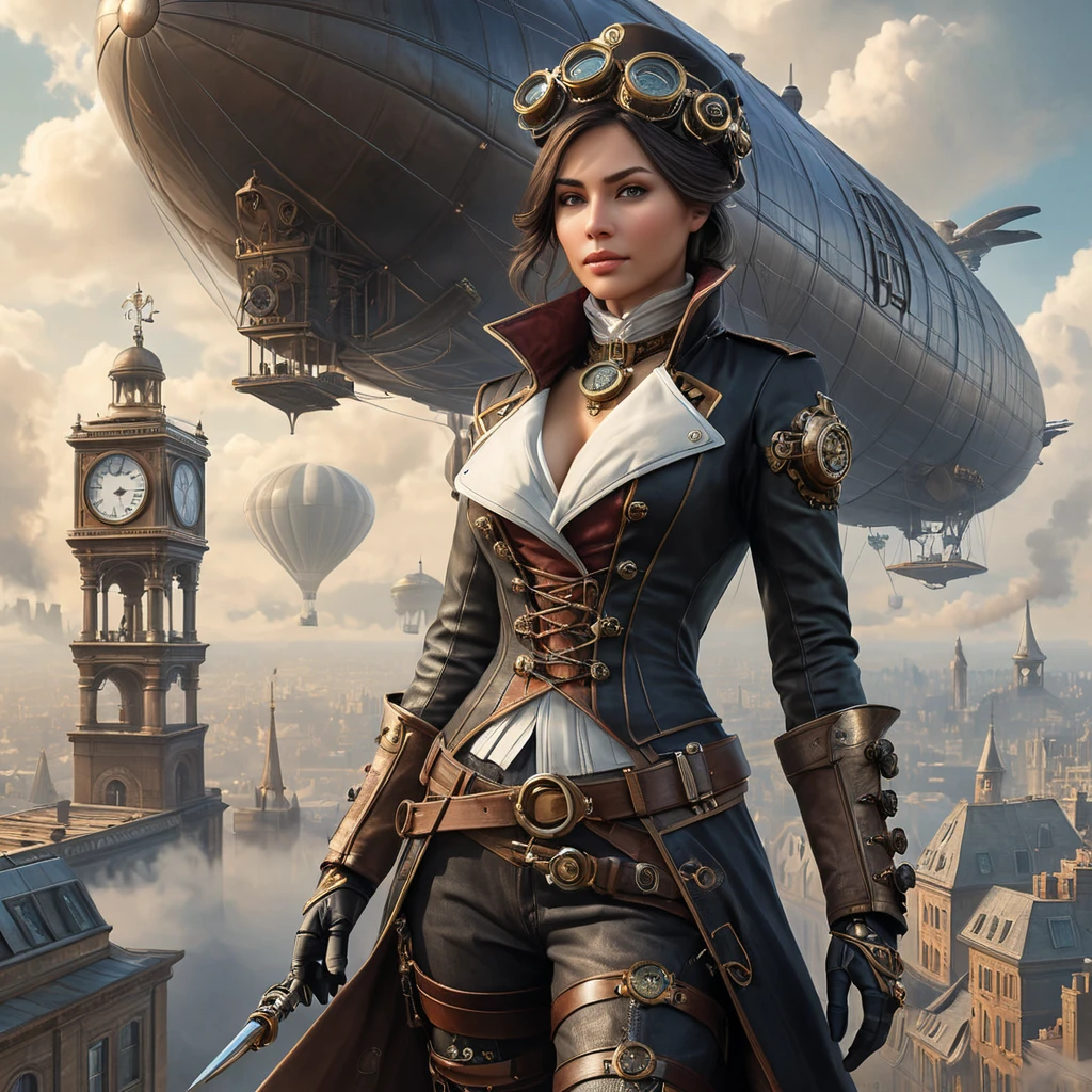 Imagine a beautiful Assassin's Creed character in a steampunk world, her clothing a blend of Victorian elegance and mechanical gears, standing atop a zeppelin with a backdrop of a smog-filled cityscape.