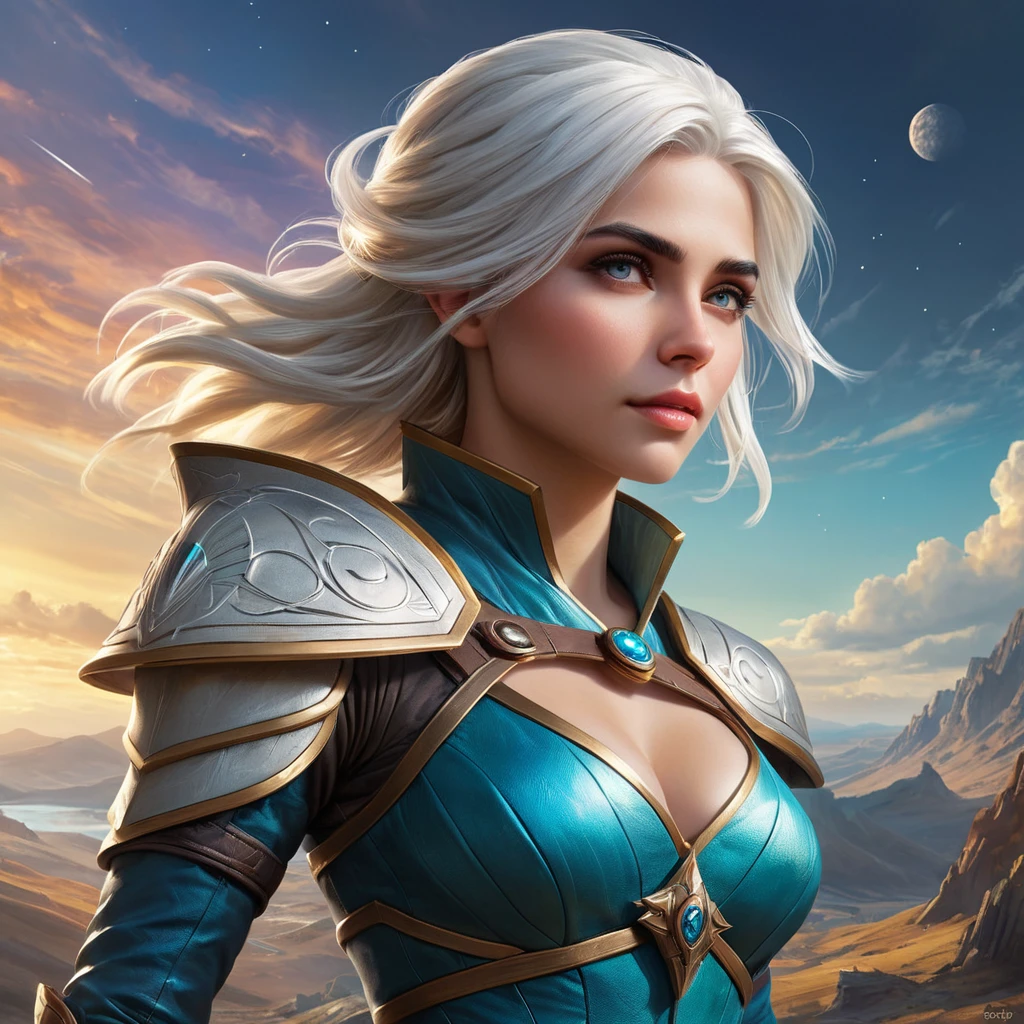 Ciri, the Lady of Time and Space, traversing a vast, otherworldly landscape, her powers manifesting in a dazzling display. Surreal, imaginative, and visually stunning.