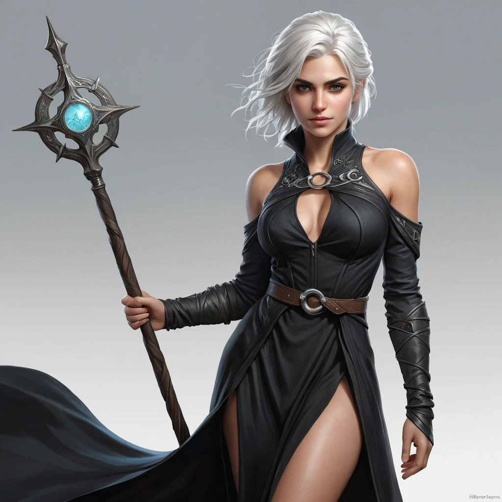 Ciri, the sorceress, with a flowing black dress and a staff in hand