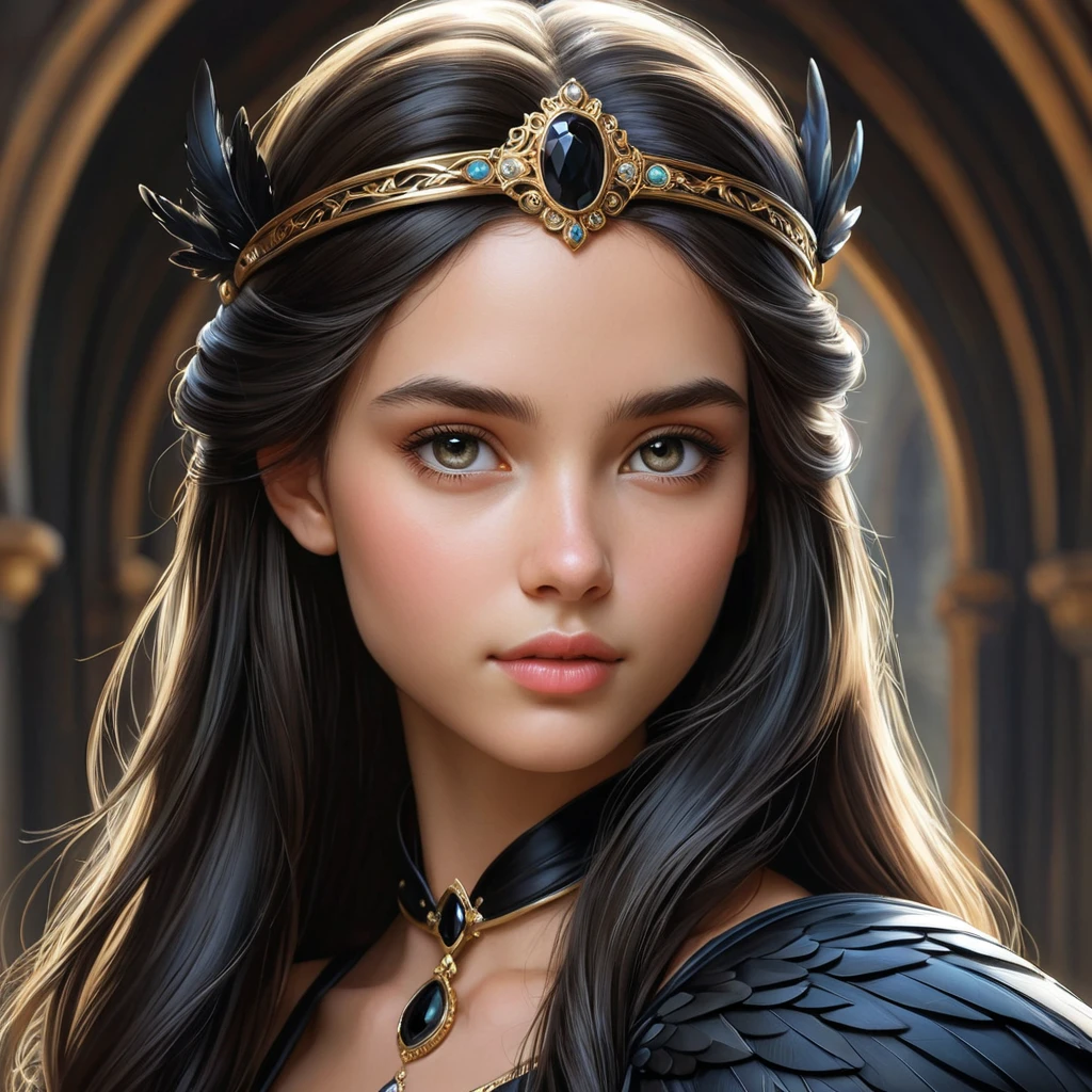 A young princess with hair the color of a raven's wing, her delicate features framed by a circlet of gleaming onyx, her expression a blend of intelligence and grace as she surveys her kingdom with a keen eye.