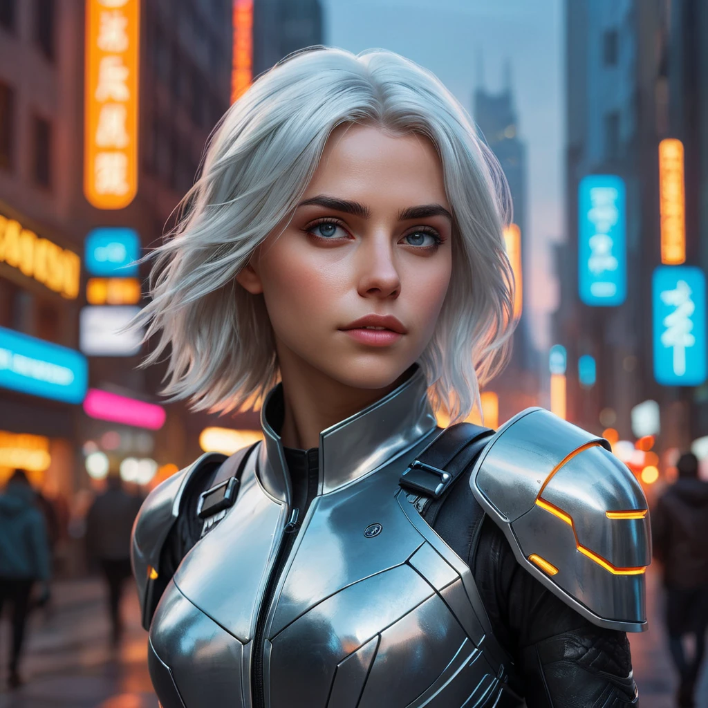 Ciri in a bustling, futuristic cityscape at dusk, neon lights reflecting off her armor, her face illuminated by the glow of a digital map floating in front of her