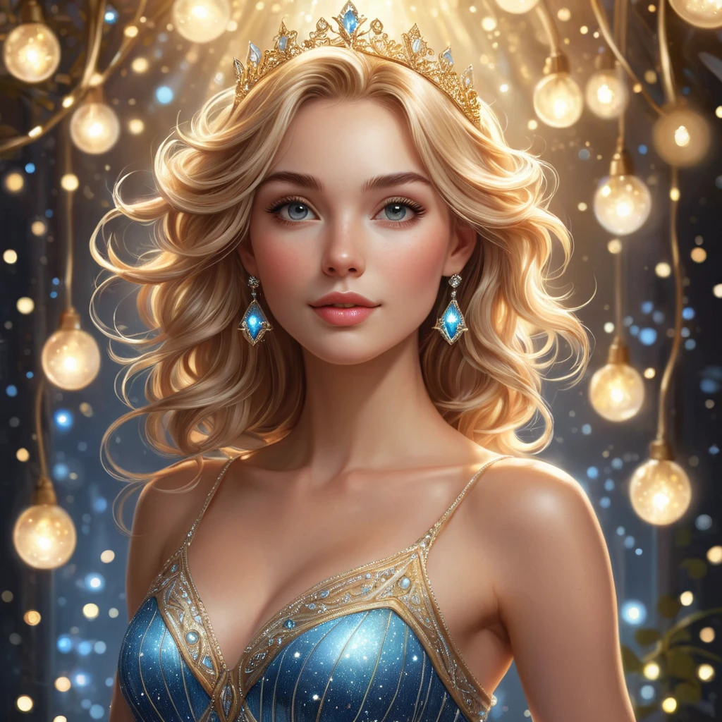 A whimsical depiction of Lux, the Lady of Luminosity, surrounded by sparkling lights and a soft glow