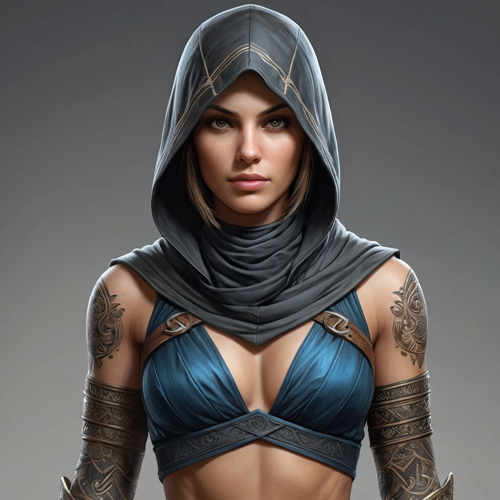 a female Assassin from the Assassin's Creed series, with intricate tattoos and a striking facial profile, rendered in a detailed, painterly style