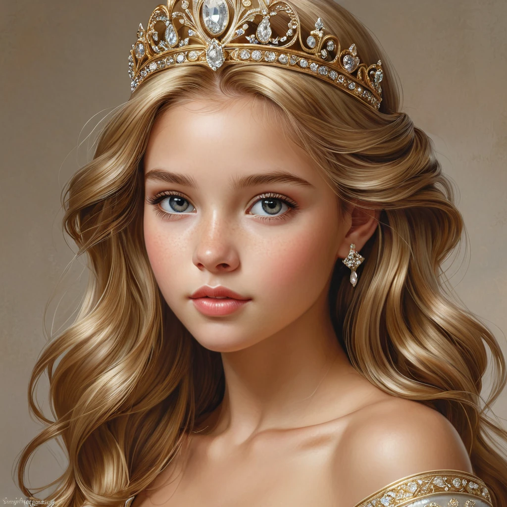 A young princess with hair the color of spun gold, her delicate features accented by a tiara of gleaming platinum, her expression a blend of wisdom and innocence as she surveys her domain.