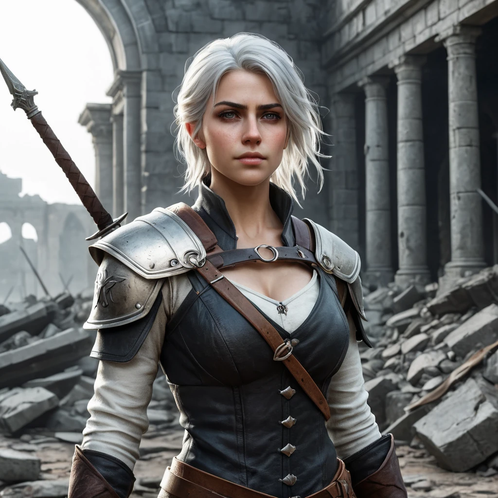 Ciri, the fierce and resilient warrior, standing tall amidst the ruins of a battlefield, her expression one of determination and strength. Gritty, realistic, and cinematic.