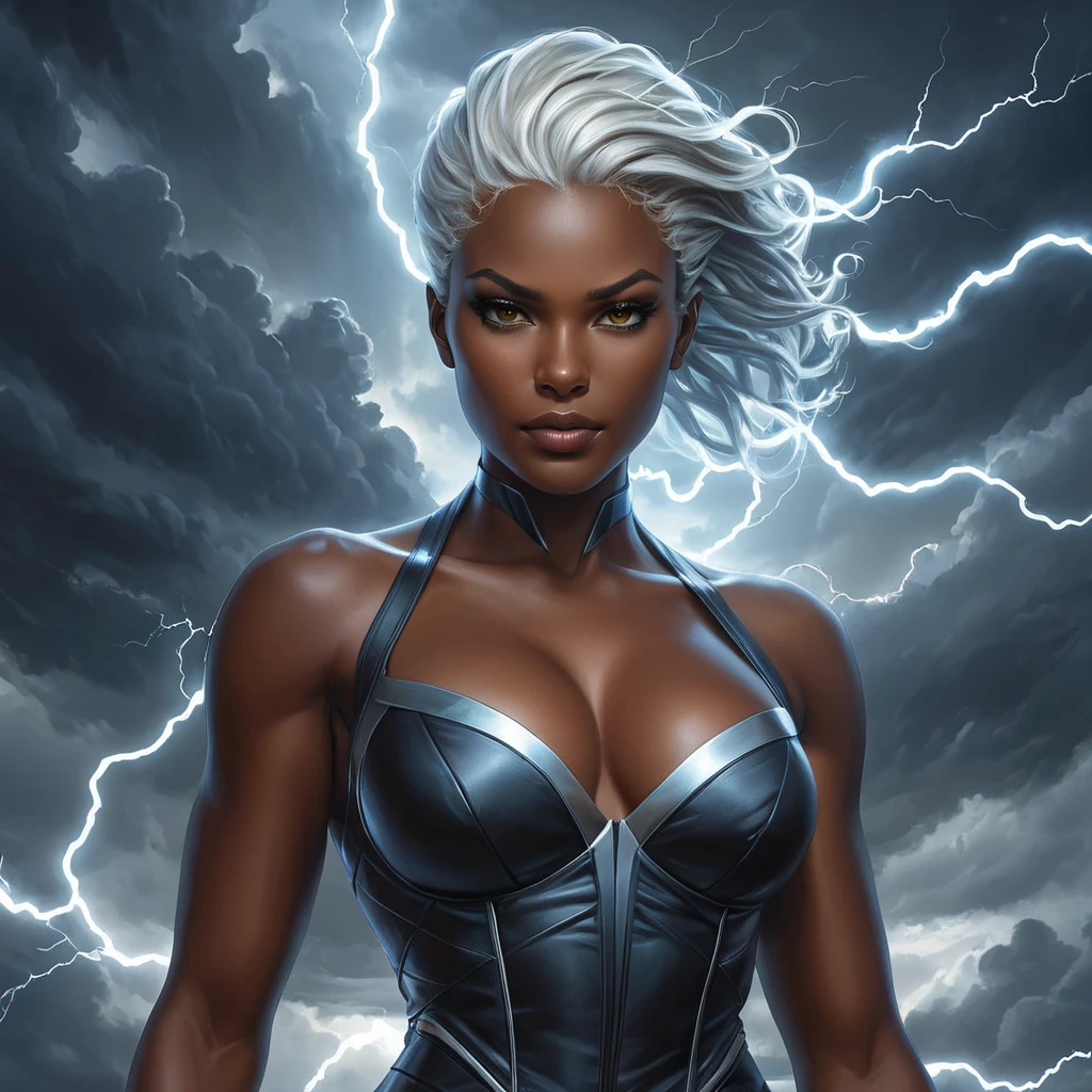 Storm with a fierce expression, her dark skin glowing with electricity, standing in a stormy sky