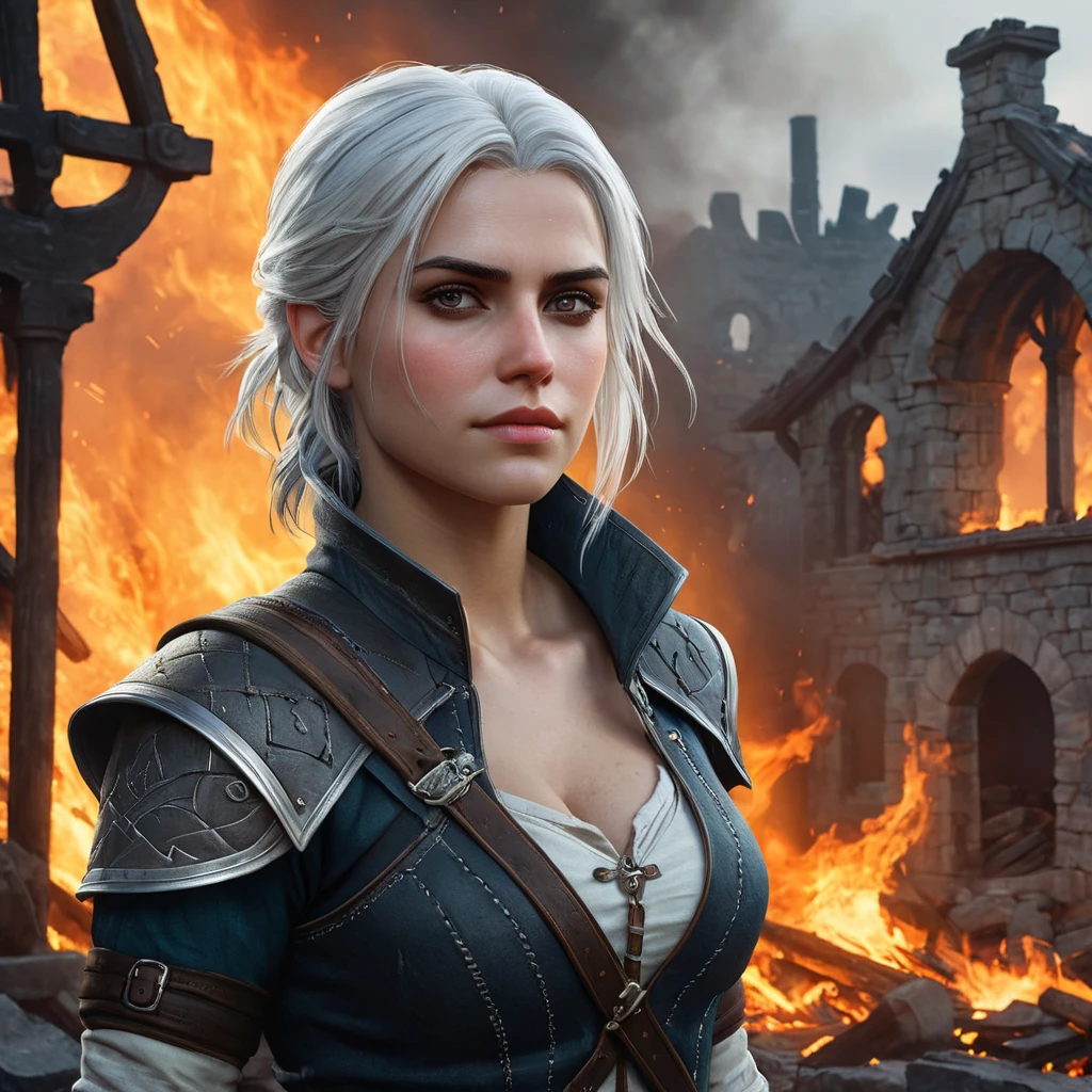 Ciri from The Witcher 3 in a dramatic scene, standing in the ruins of a burning village, her face hardened with resolve, with embers and ashes floating around her.