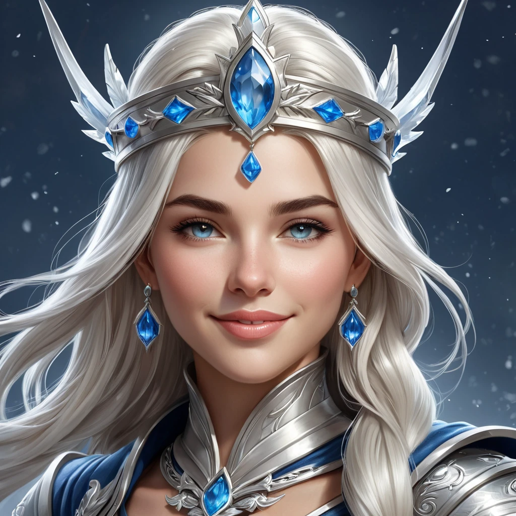 A stunning illustration of Ashe, the Frost Archer, with a regal crown and a gentle smile