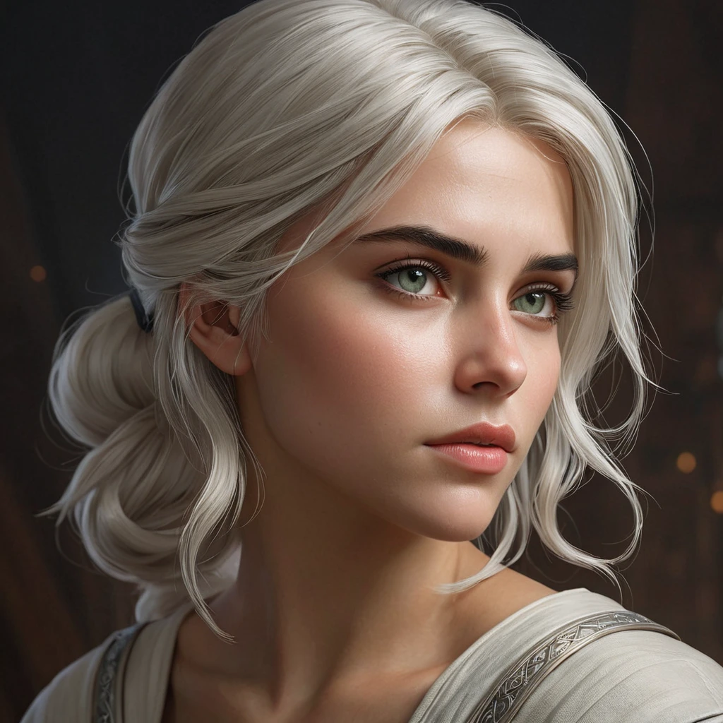 Ciri, the witcher's apprentice, in a moment of quiet reflection, her eyes filled with a sense of purpose and destiny. Atmospheric, introspective, and evocative.