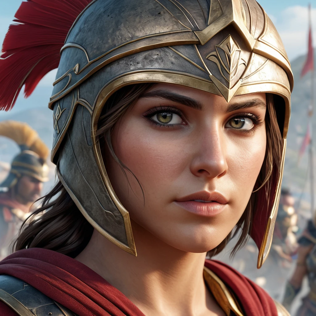 Kassandra from Assassin's Creed Odyssey, in a detailed close-up shot, wearing her helmet with only her intense eyes visible, surrounded by the battlefield's smoke and chaos, capturing the essence of a warrior.