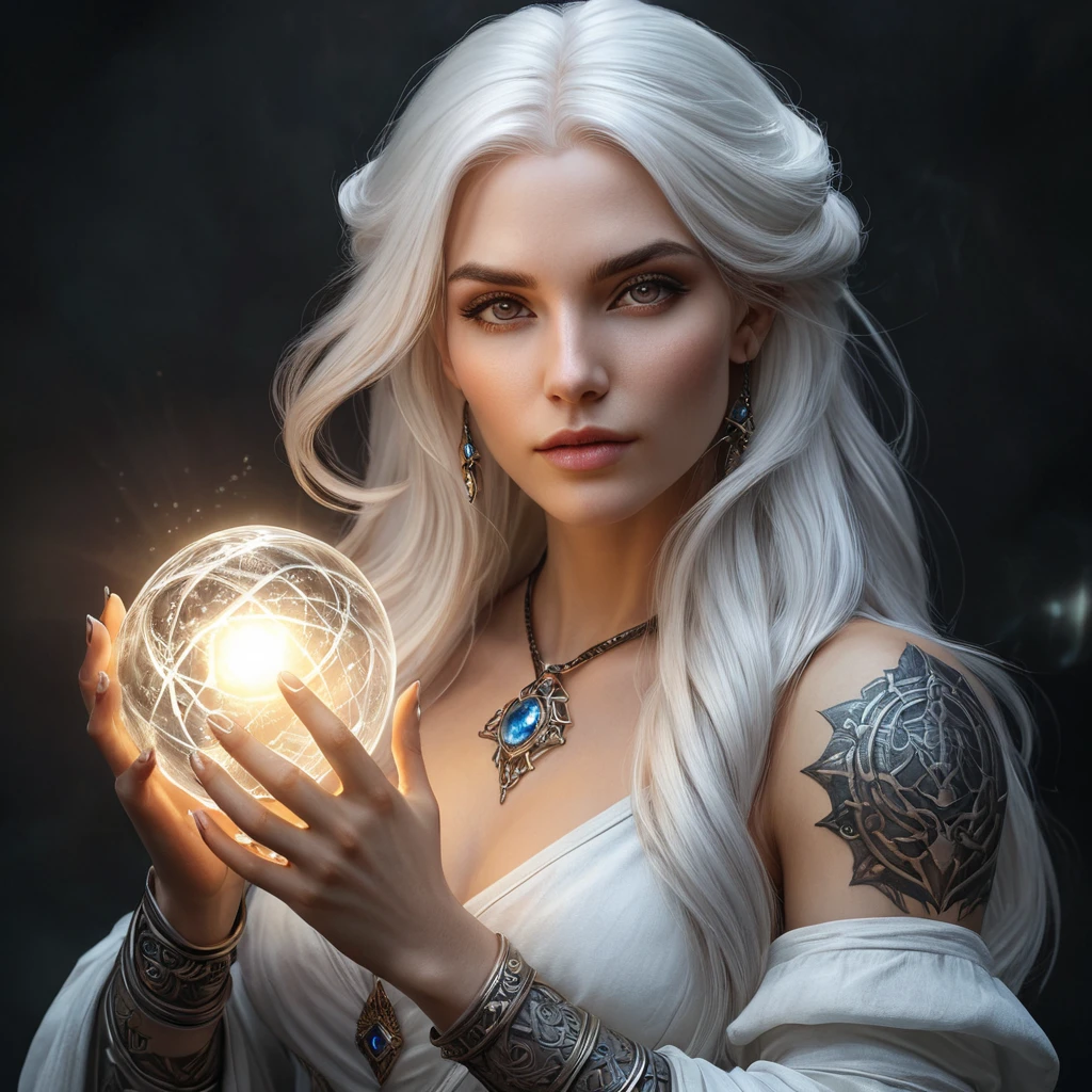 A fantasy portrait of a sorceress, inspired by the Witcher universe, with flowing white hair, intricate tattoos on her arms, and a captivating gaze, holding a glowing orb in her hand