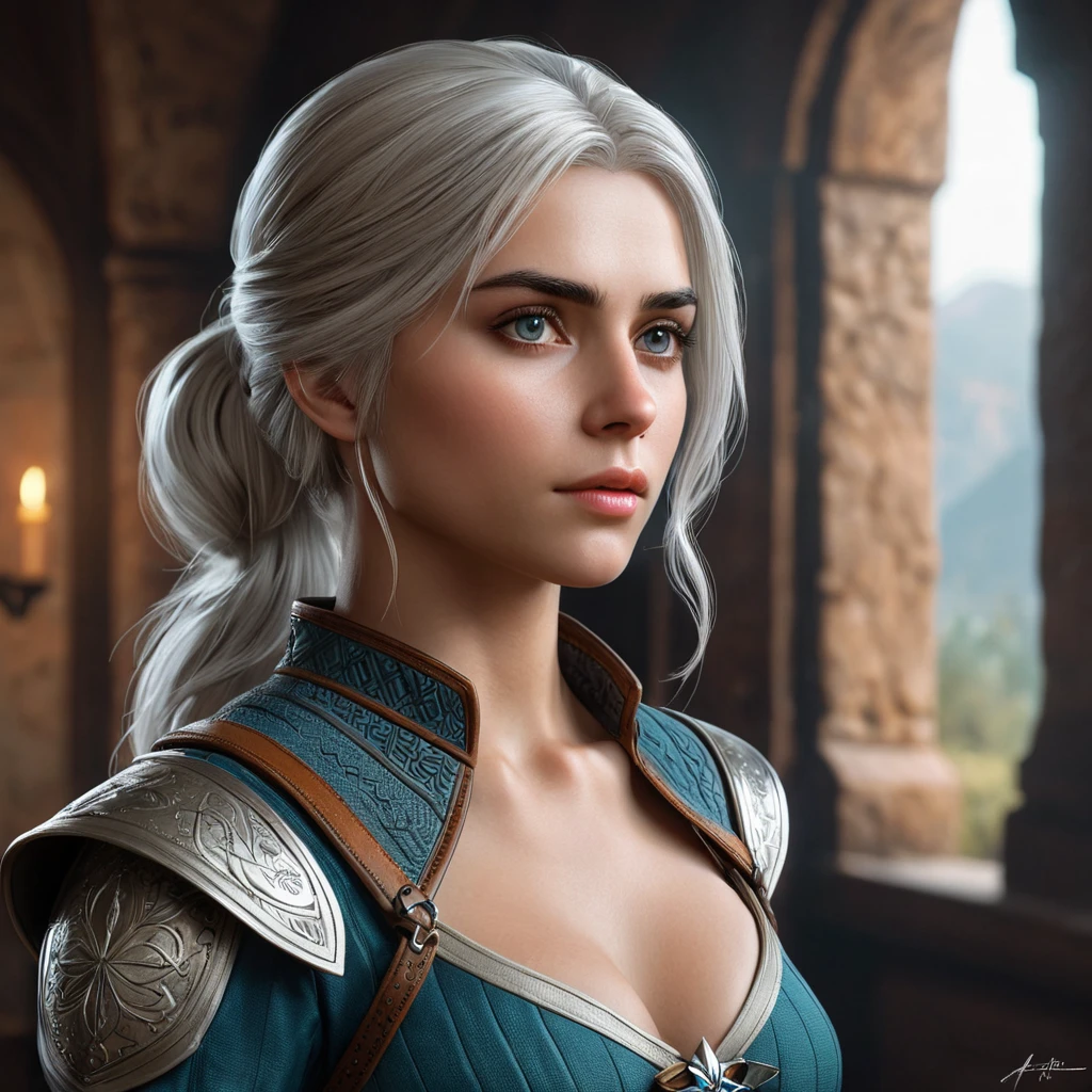 Ciri, the witcher's apprentice, in a moment of quiet reflection, her eyes filled with a sense of purpose and destiny. Atmospheric, introspective, and evocative.