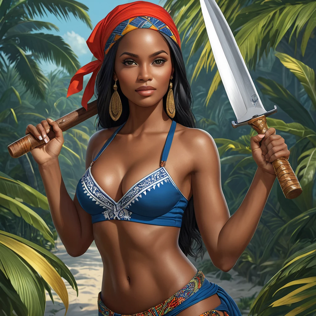 Adéwalé, the Haitian Assassin, as a beautiful woman, with a Caribbean-inspired outfit and a machete