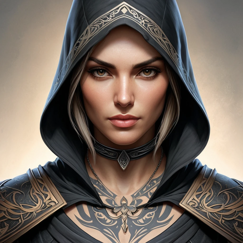 a female Assassin from the Assassin's Creed series, with intricate tattoos and a striking facial profile, rendered in a detailed, painterly style