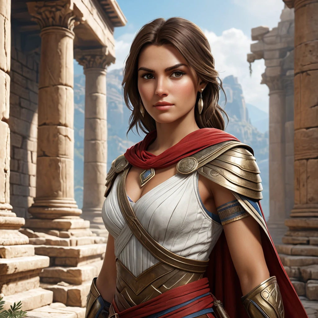 Kassandra, the enigmatic protagonist of Assassin's Creed, standing amidst the ruins of an ancient temple, her gaze fixed on a mysterious artifact hidden within.