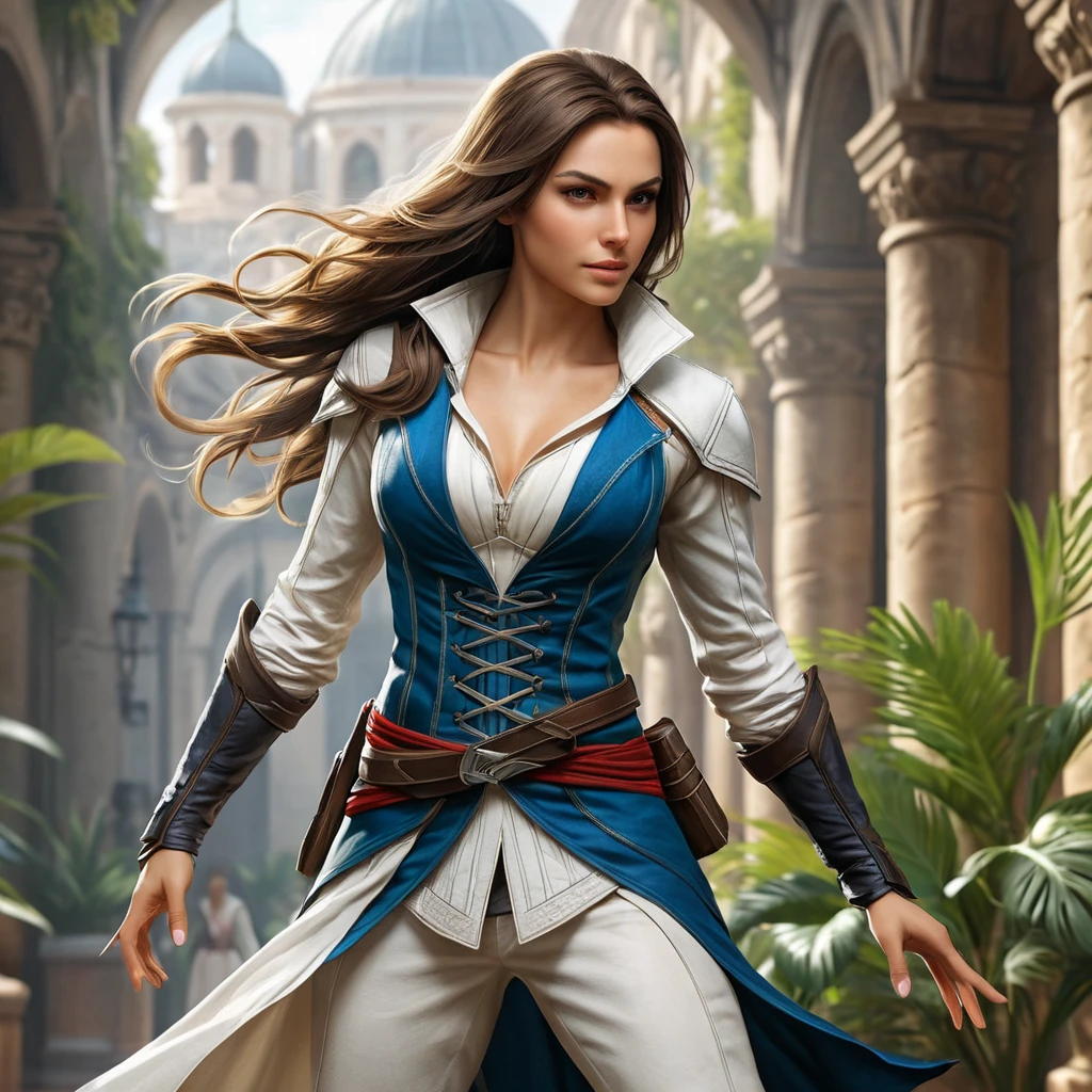 a beautiful, deadly female Assassin from the Assassin's Creed franchise, with flowing hair and a lithe, acrobatic physique, in a lush, vibrant environment