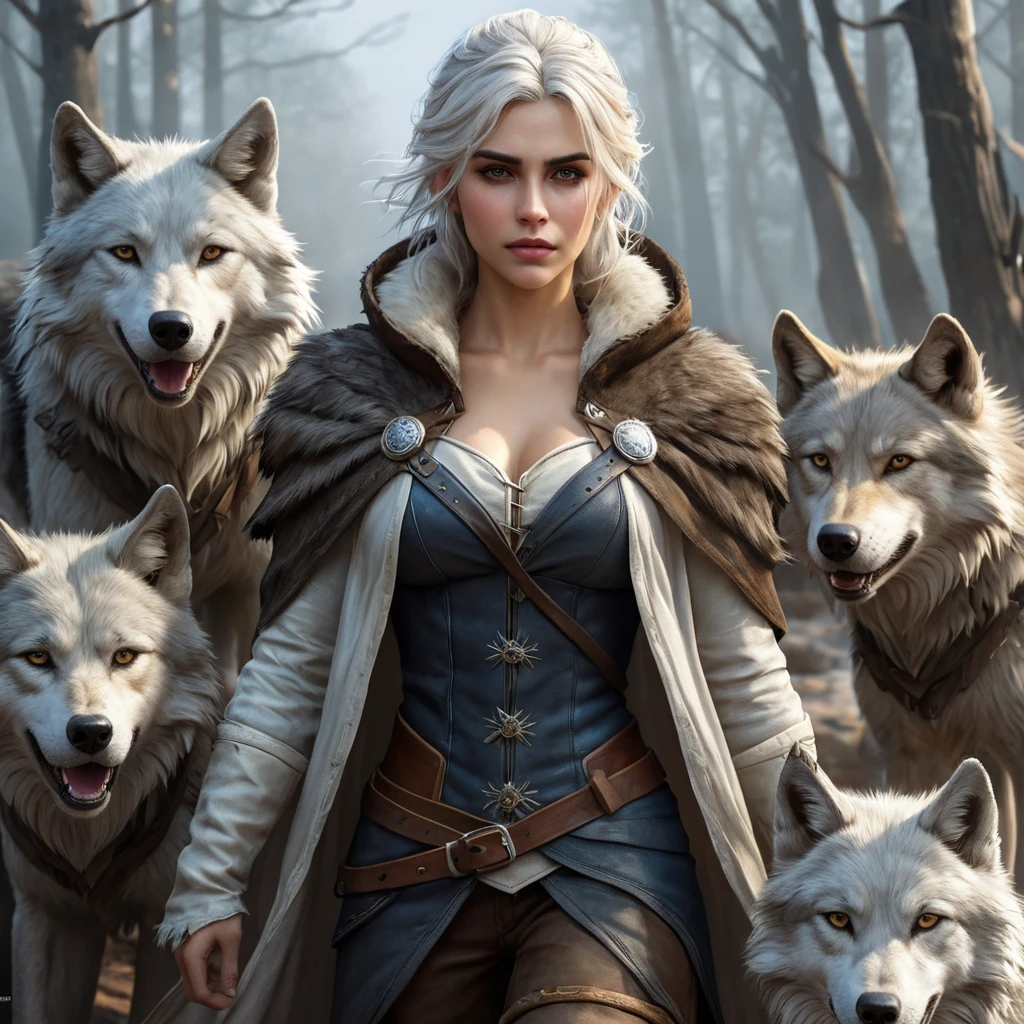 Ciri, the wildling, with a feral look and a torn and tattered cloak, surrounded by wolves