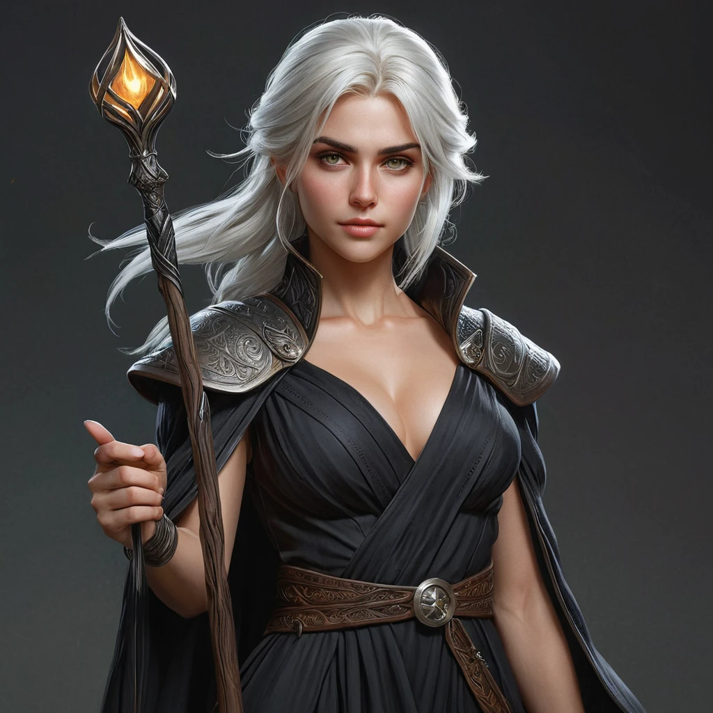 Ciri, the sorceress, with a flowing black dress and a staff in hand