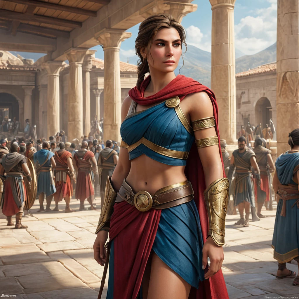 Kassandra from Assassin's Creed Odyssey, in an ancient Greek marketplace, blending into the crowd while keeping a vigilant eye, her posture relaxed but ready to spring into action, capturing the essence of a skilled mercenary.