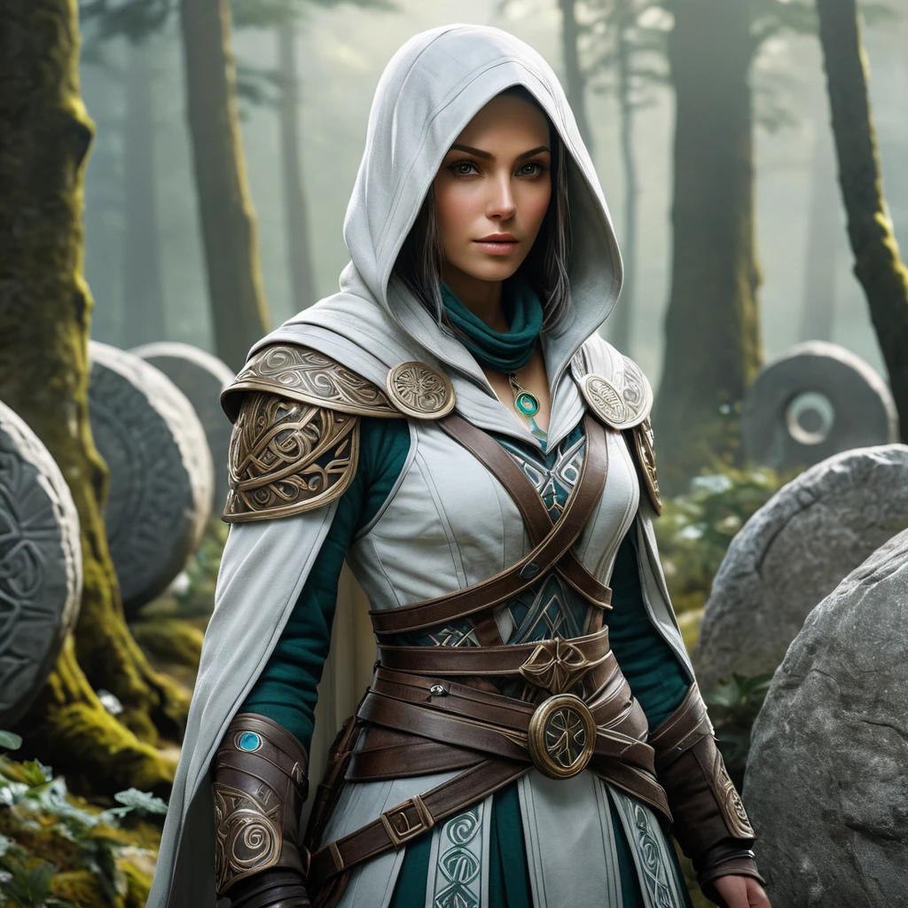 Imagine a beautiful Assassin's Creed character in a mystical Celtic forest, her clothing a mix of ancient druidic robes and hidden assassin weapons, surrounded by ancient stone circles and glowing will-o'-the-wisps.