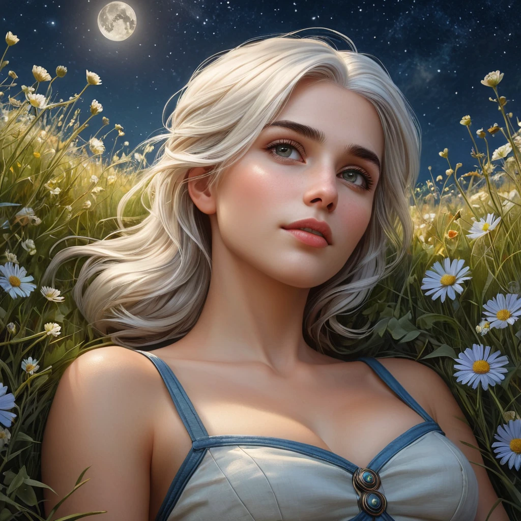 Ciri in a vast, open field of wildflowers under a clear, starry night sky, her form relaxed, lying back on the soft grass, her eyes gazing upwards