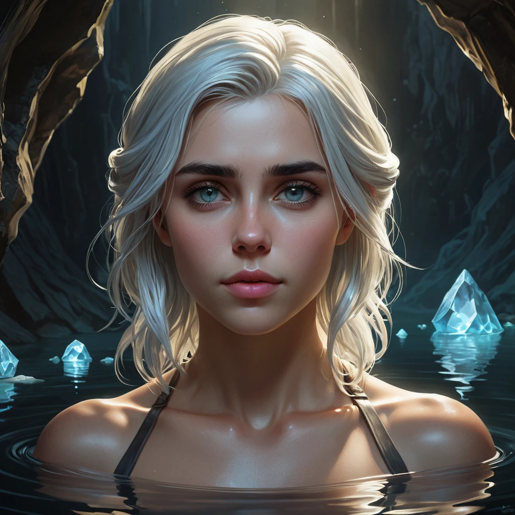 Ciri in a dark, cavernous underground lake, the water illuminated by glowing crystals, her reflection clear in the still water, her expression contemplative