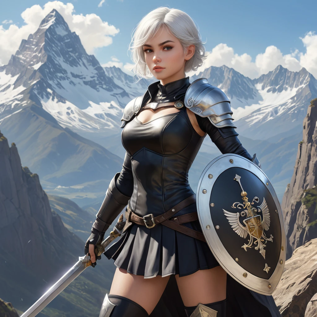 2B with a sword and shield, standing victorious on a mountain peak