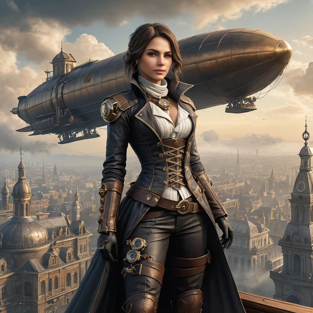 Imagine a beautiful Assassin's Creed character in a steampunk world, her clothing a blend of Victorian elegance and mechanical gears, standing atop a zeppelin with a backdrop of a smog-filled cityscape.