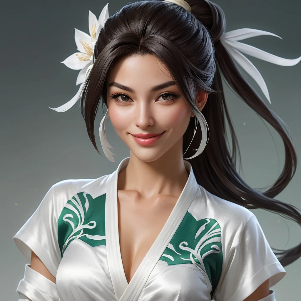 A beautiful and ethereal image of Akali, the Rogue Assassin, with a flowing white kimono and a subtle smile