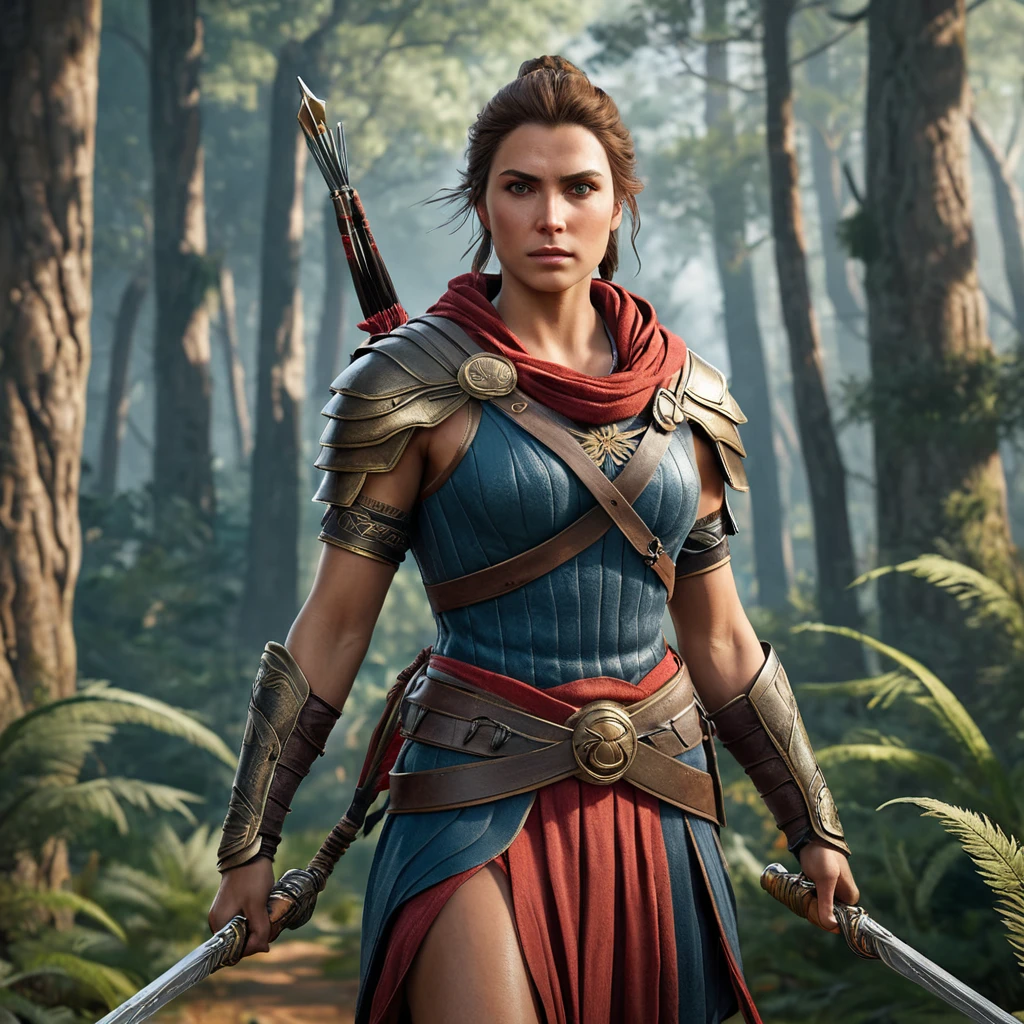 A cinematic shot of Kassandra from Assassin's Creed Odyssey, emerging from a dense forest with a determined look, her armor slightly weathered, and her weapons ready for combat, showcasing the wilderness around her.