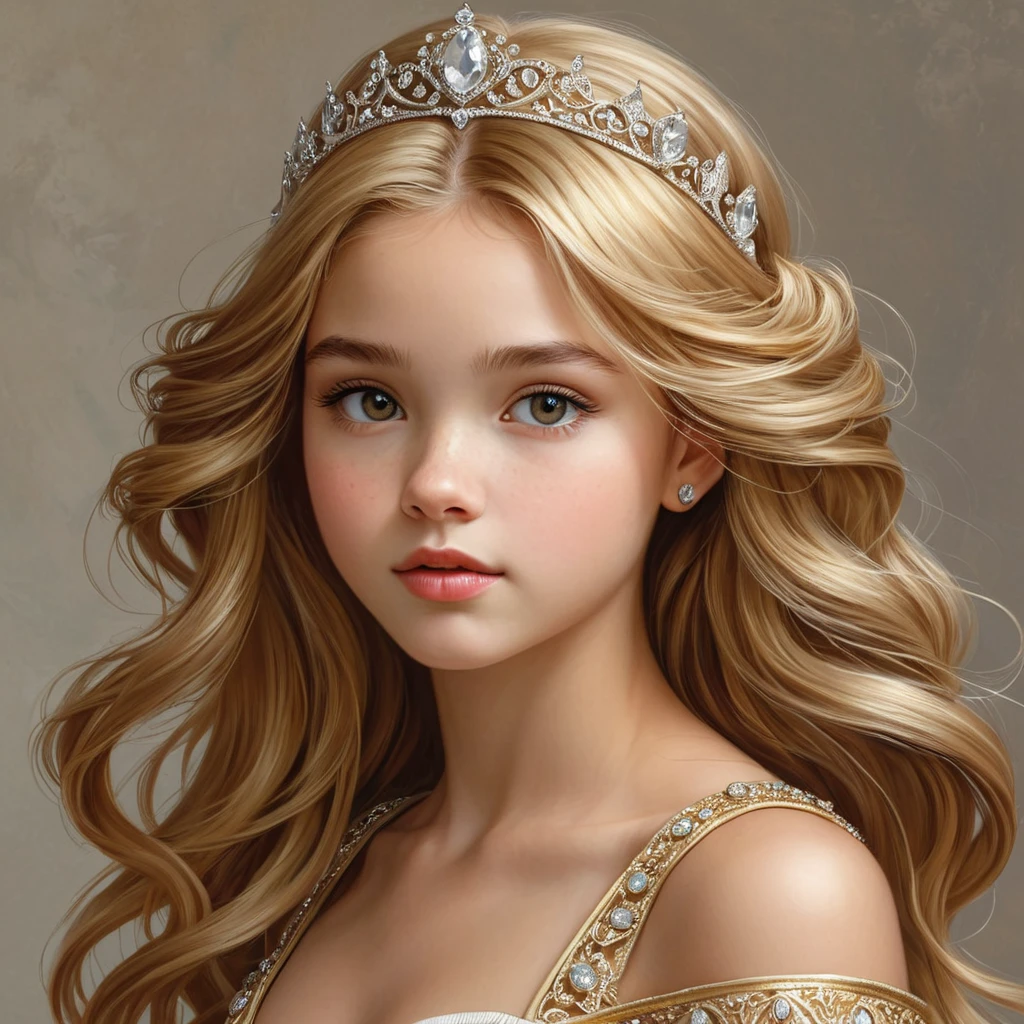 A young princess with hair the color of spun gold, her delicate features accented by a tiara of gleaming platinum, her expression a blend of wisdom and innocence as she surveys her domain.