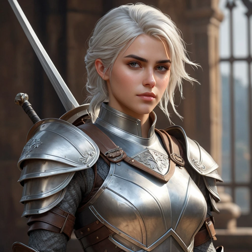 Ciri, the warrior, with a suit of armor and a sword at her side