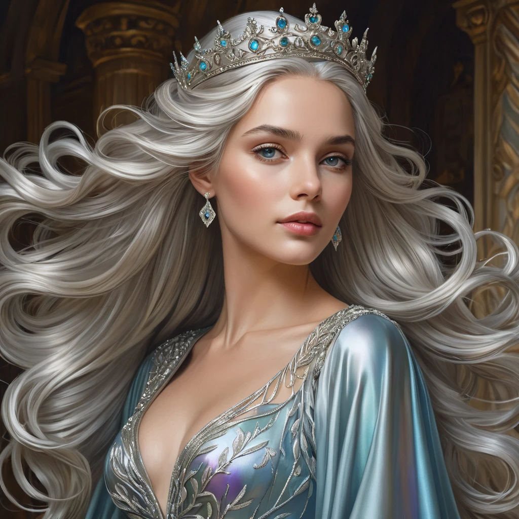 A regal queen in a flowing gown of iridescent silk, her long silver hair adorned with a crown of delicate, twisting vines, her gaze commanding respect and admiration from all who see her.