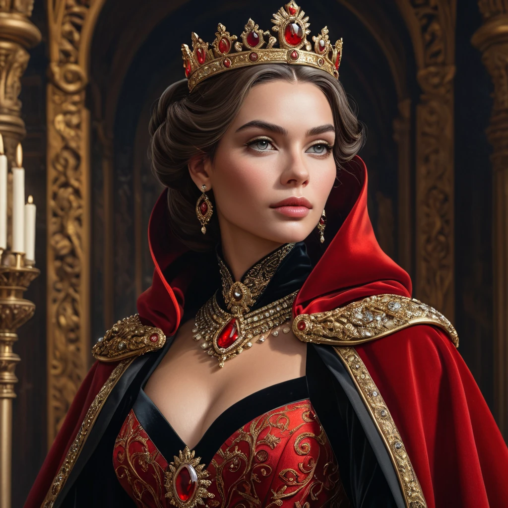 A majestic queen in a dress of deep scarlet, her shoulders draped in a cloak of shimmering black velvet, a scepter of carved ebony in her hand as she stands tall and proud, her eyes reflecting the strength and determination that has made her a formidable ruler.