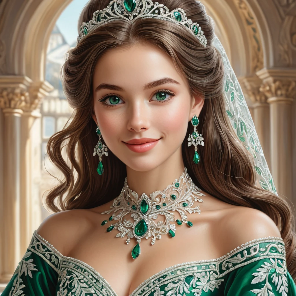 A radiant princess with skin like porcelain and eyes the color of emeralds, her gown a masterpiece of intricate embroidery and delicate lace, her gentle smile reflecting the warmth of her heart.