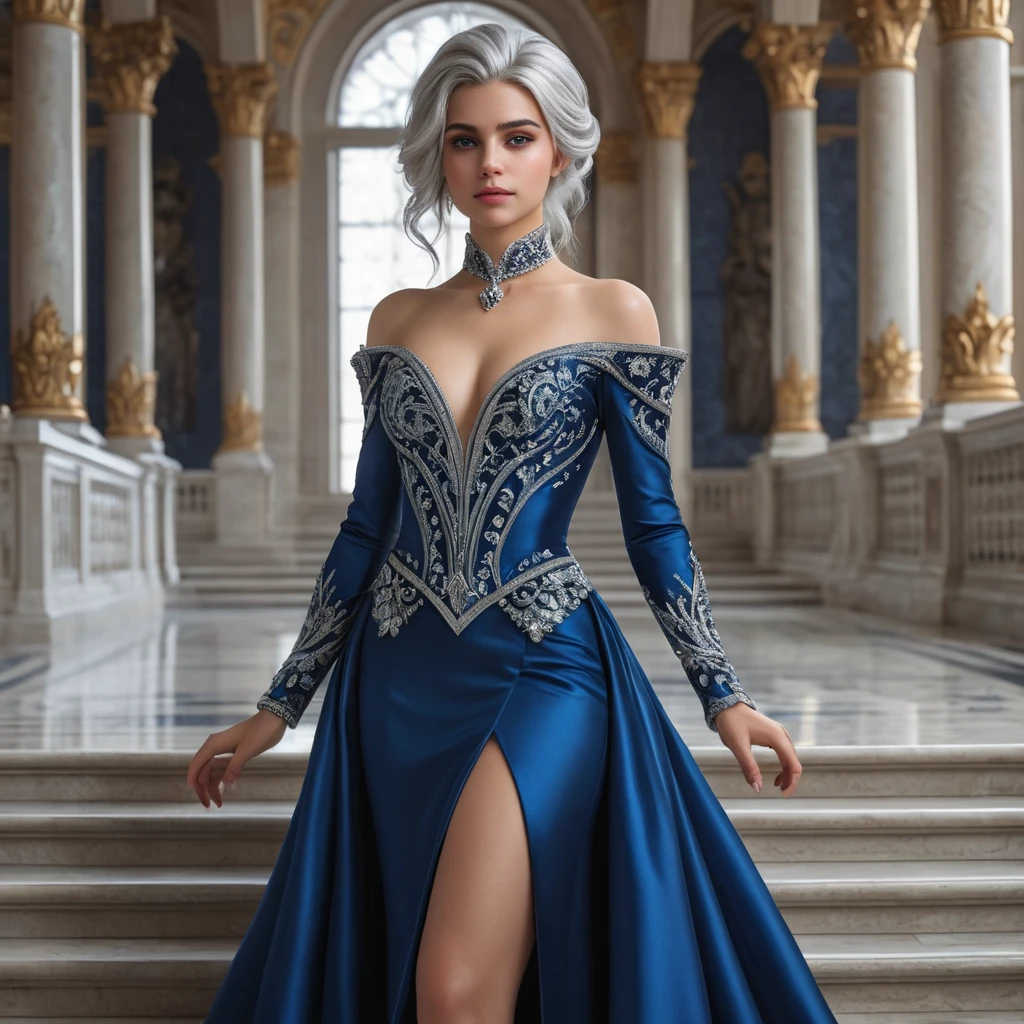 Ciri in a grand, opulent palace hall, dressed in a regal gown of deep blue and silver, her hair styled elegantly, standing before a grand staircase