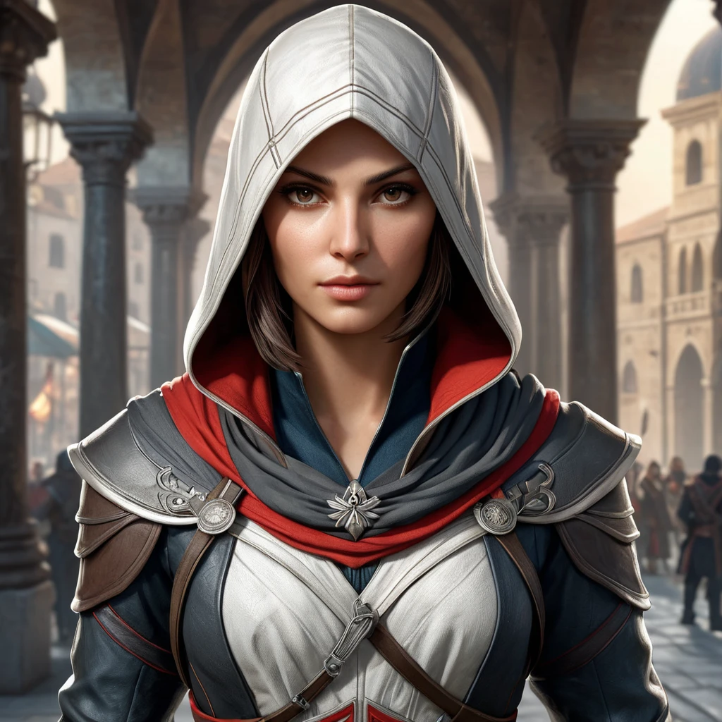 a beautiful, skilled female Assassin from the Assassin's Creed series, with a commanding presence and a complex, multi-layered character, in a visually stunning, hyper-detailed environment