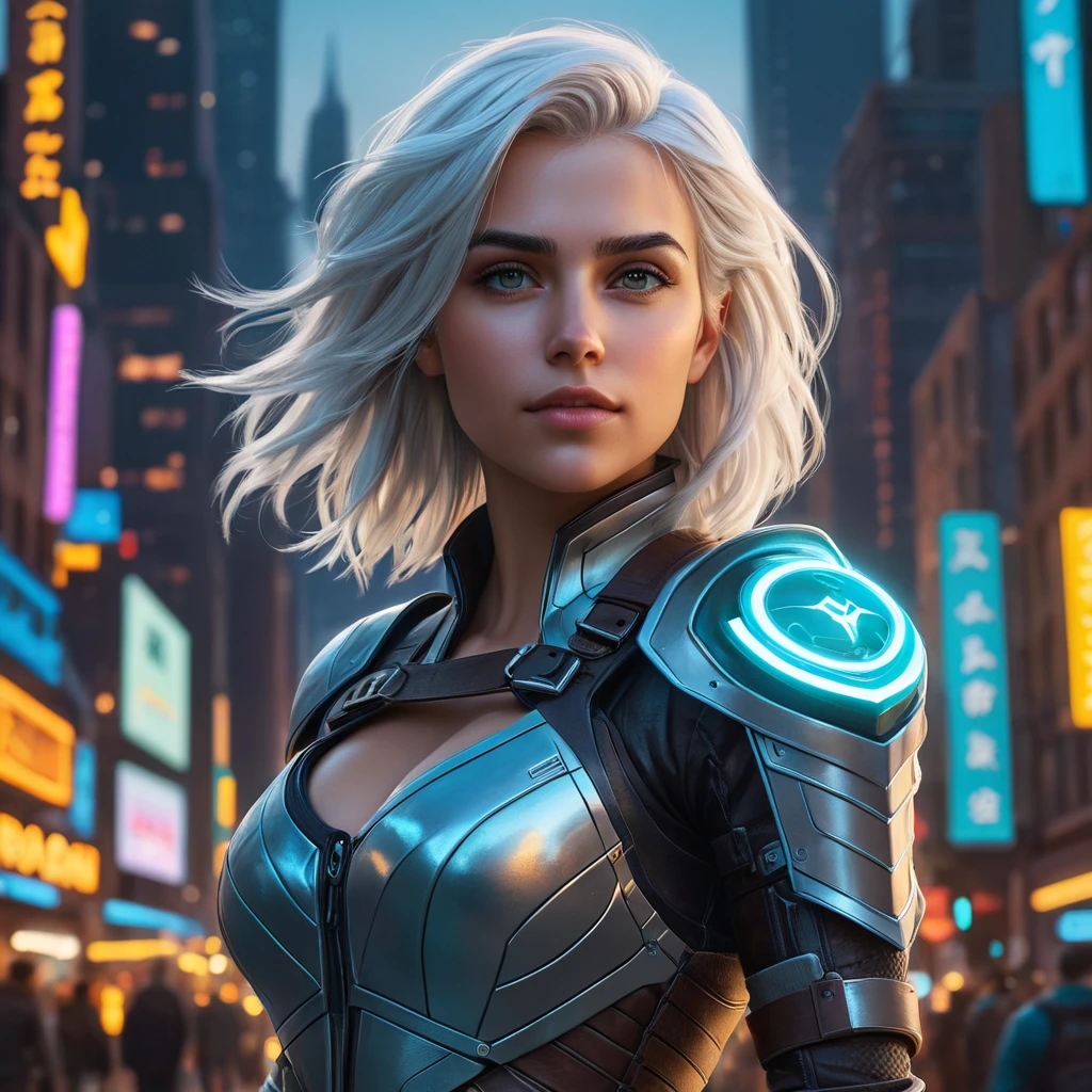 Ciri in a bustling, futuristic cityscape at dusk, neon lights reflecting off her armor, her face illuminated by the glow of a digital map floating in front of her