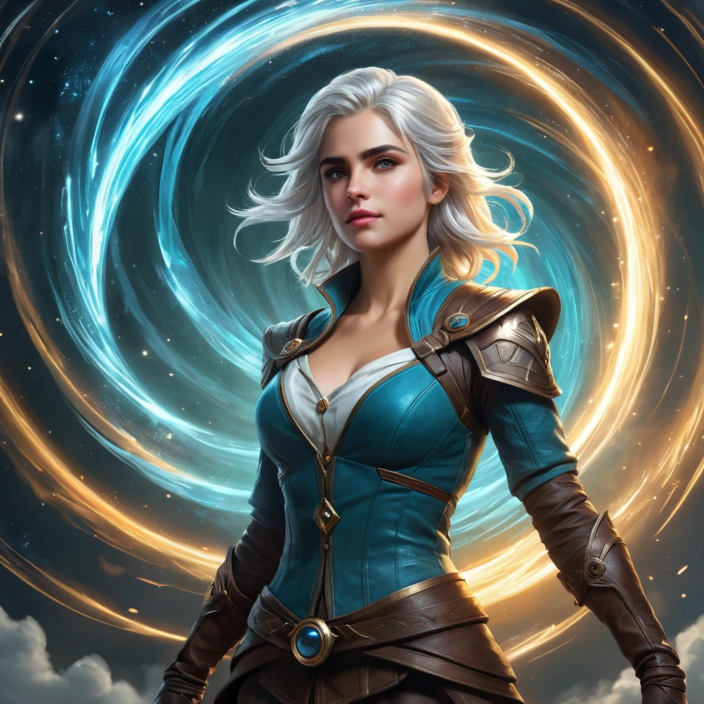 Ciri, the Lady of Time and Space, standing amidst a swirling vortex of energy, her powers on full display. Surreal, ethereal, and visually striking.