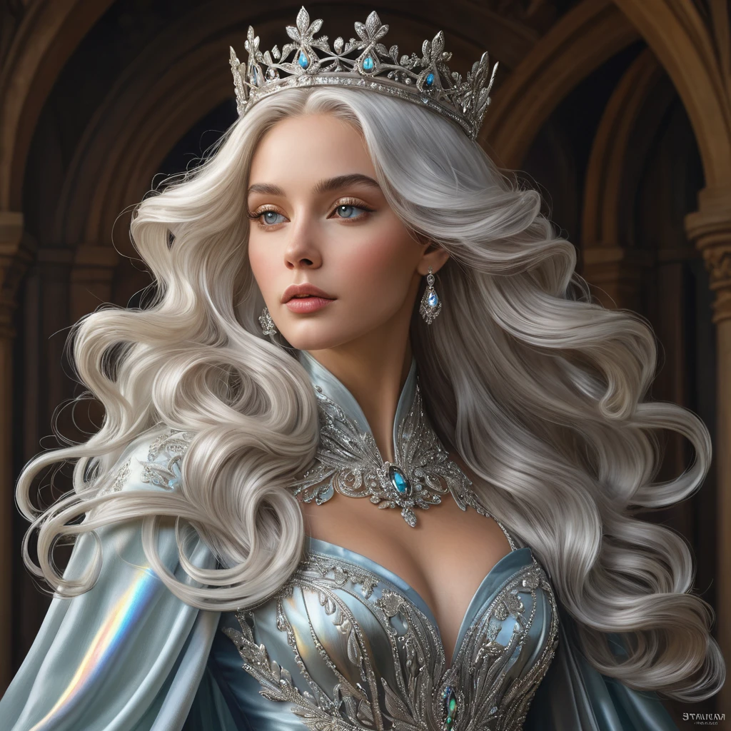 A regal queen in a flowing gown of iridescent silk, her long silver hair adorned with a crown of delicate, twisting vines, her gaze commanding respect and admiration from all who see her.