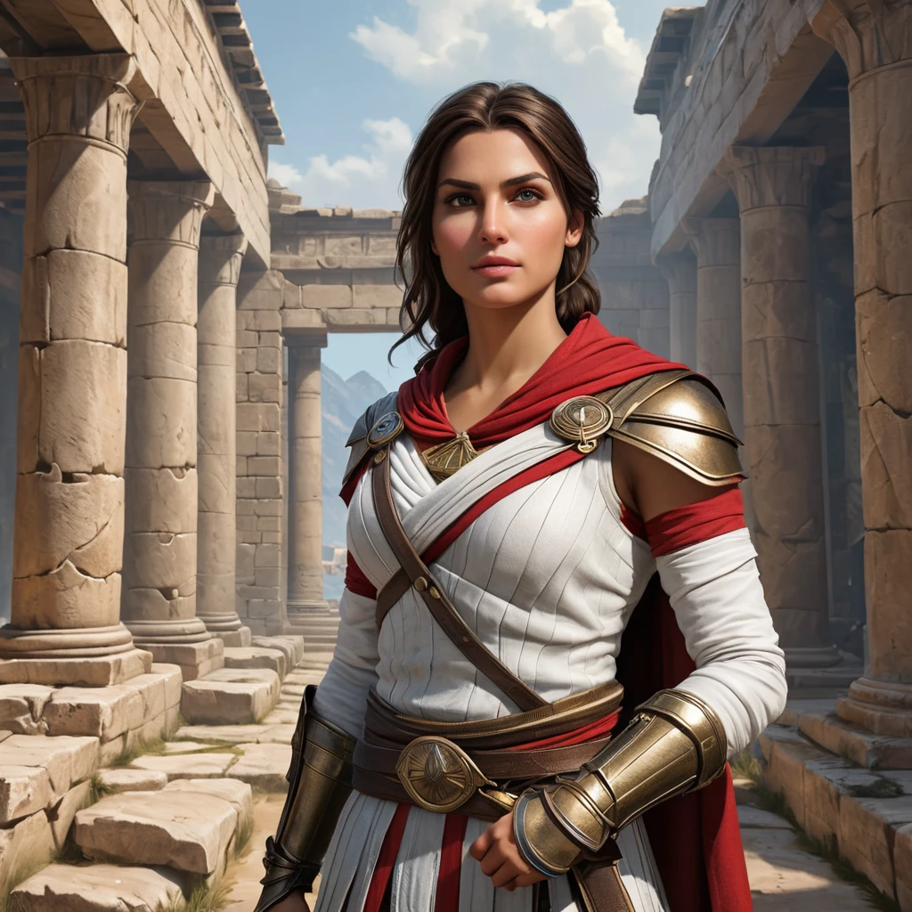 Kassandra, the enigmatic protagonist of Assassin's Creed, standing amidst the ruins of an ancient temple, her gaze fixed on a mysterious artifact hidden within.