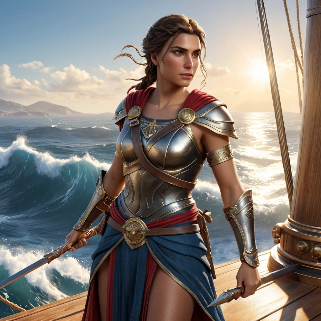 Kassandra from Assassin's Creed Odyssey, standing on the deck of a Greek warship, with the sea waves crashing around her, her armor gleaming under the sun, and her spear ready for the next adventure.