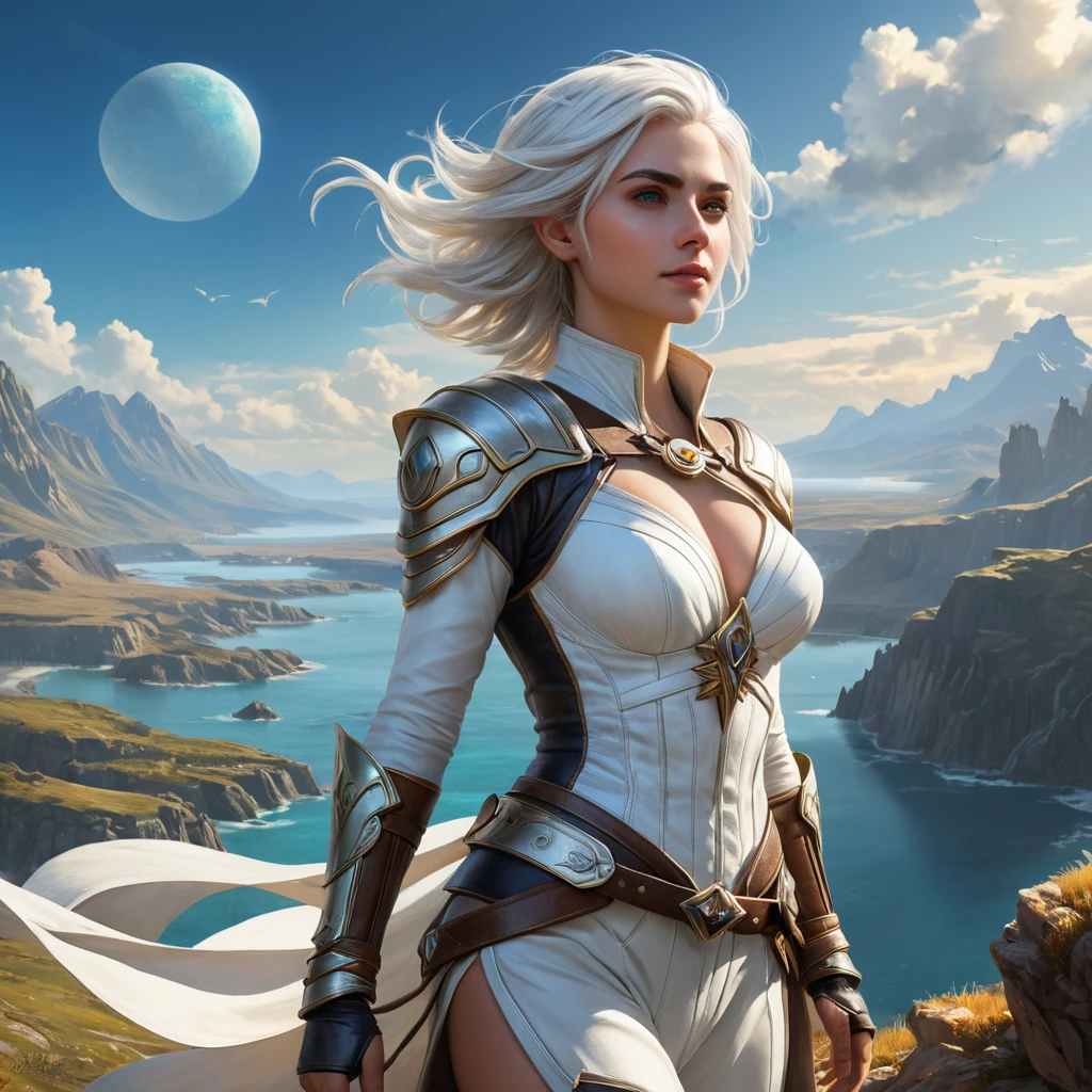 Ciri, the Lady of Time and Space, traversing a vast, otherworldly landscape, her powers manifesting in a dazzling display. Surreal, imaginative, and visually stunning.